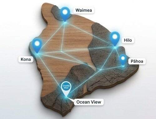 Wooden relief map of Hawaiʻi Island with glowing pins at Waimea, Kona, Hilo, Pāhoa and Ocean View, linked by a network of light
